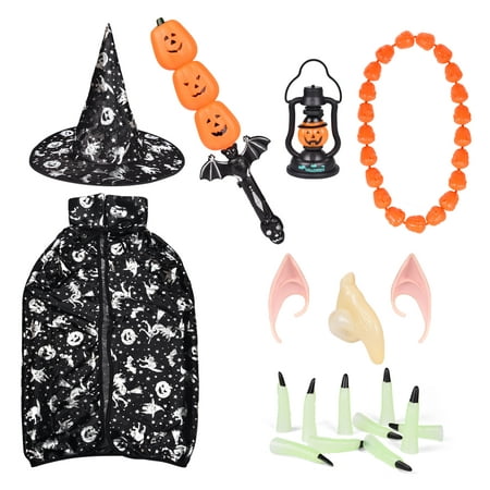Halloween Witch Costumes Set - Witch Cloak with Hat, Pumpkin Sword and Lantern(with Sound & Light), Necklace, Witch Nails etc for Halloween Cosplay Party Supplies for Boys Girls F-217