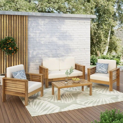 ACE-PATIO, 4 PCS, Four-seater Chat Set with Cushions,Including 2 Club Chairs, 1 Loveseat & 1 Coffee Table, for Patio, Backyard, Porch, Garden（Cream）
