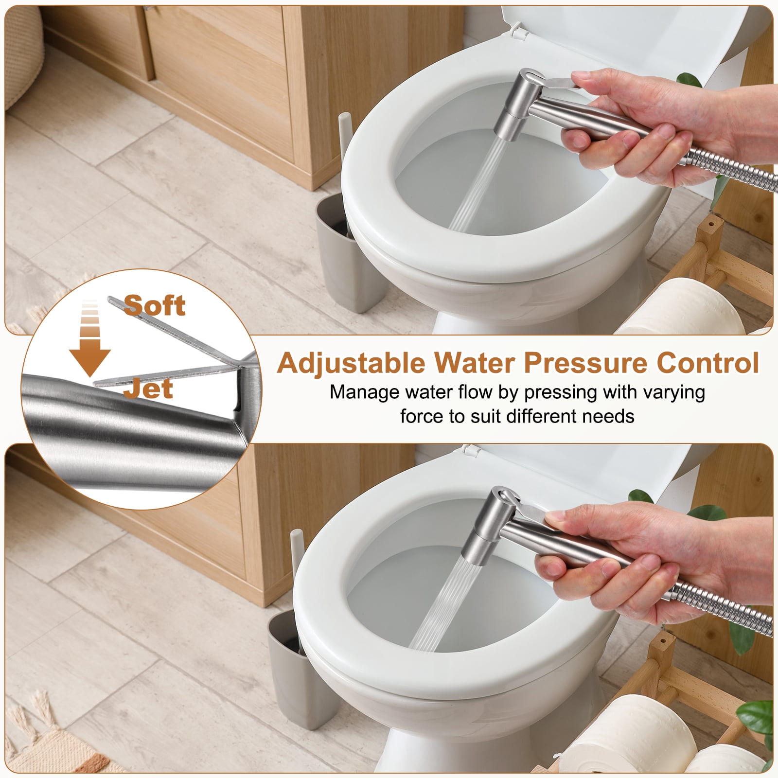 Uxcell Handheld Toilet Bidet Sprayer, 304 Stainless Steel Toilet Sprayer with Bidet Hose, No-drill Adjustable Jet Water Pressure Control for Women Wash Diapers Washing, Brushed Silver