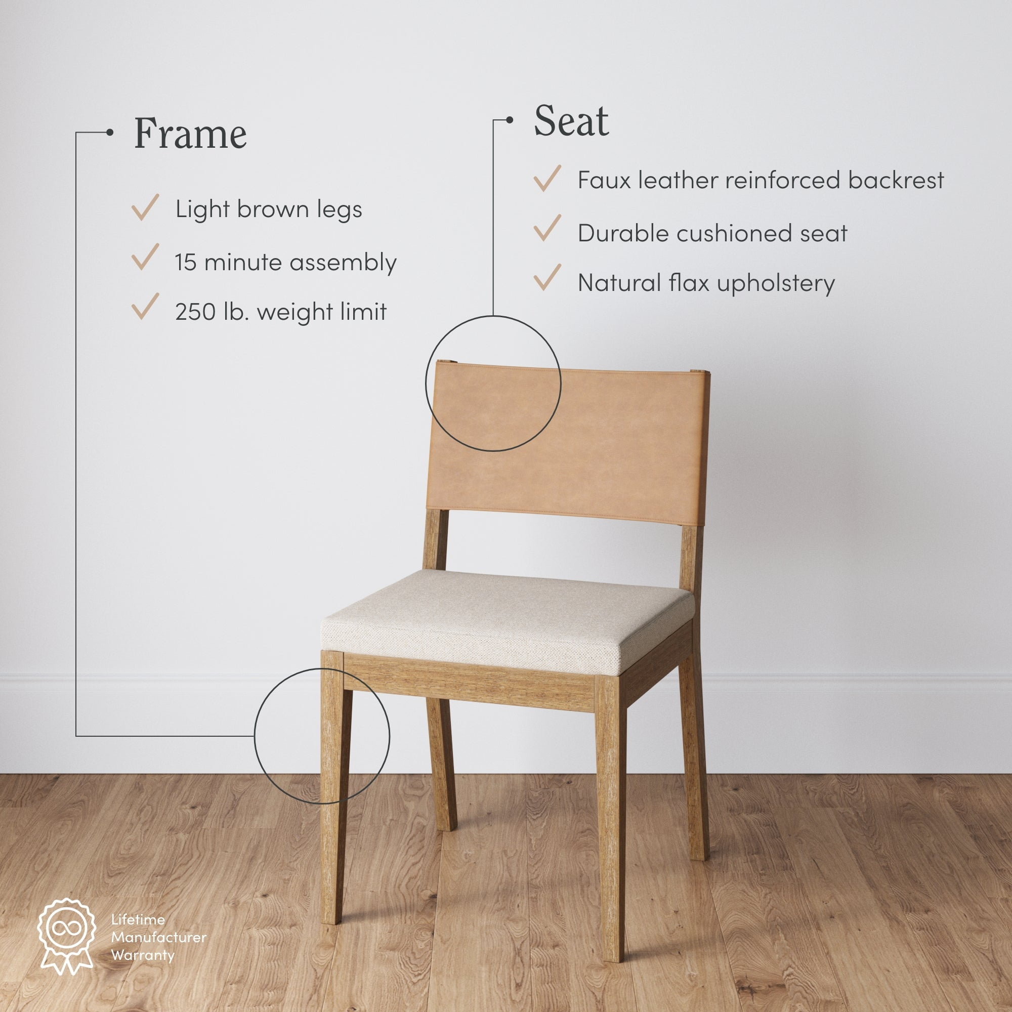 Nathan James Linus Modern Upholstered Dining Chair with Solid Rubberwood Legs in a Wire-Brushed Brown Finish, Light Brown
