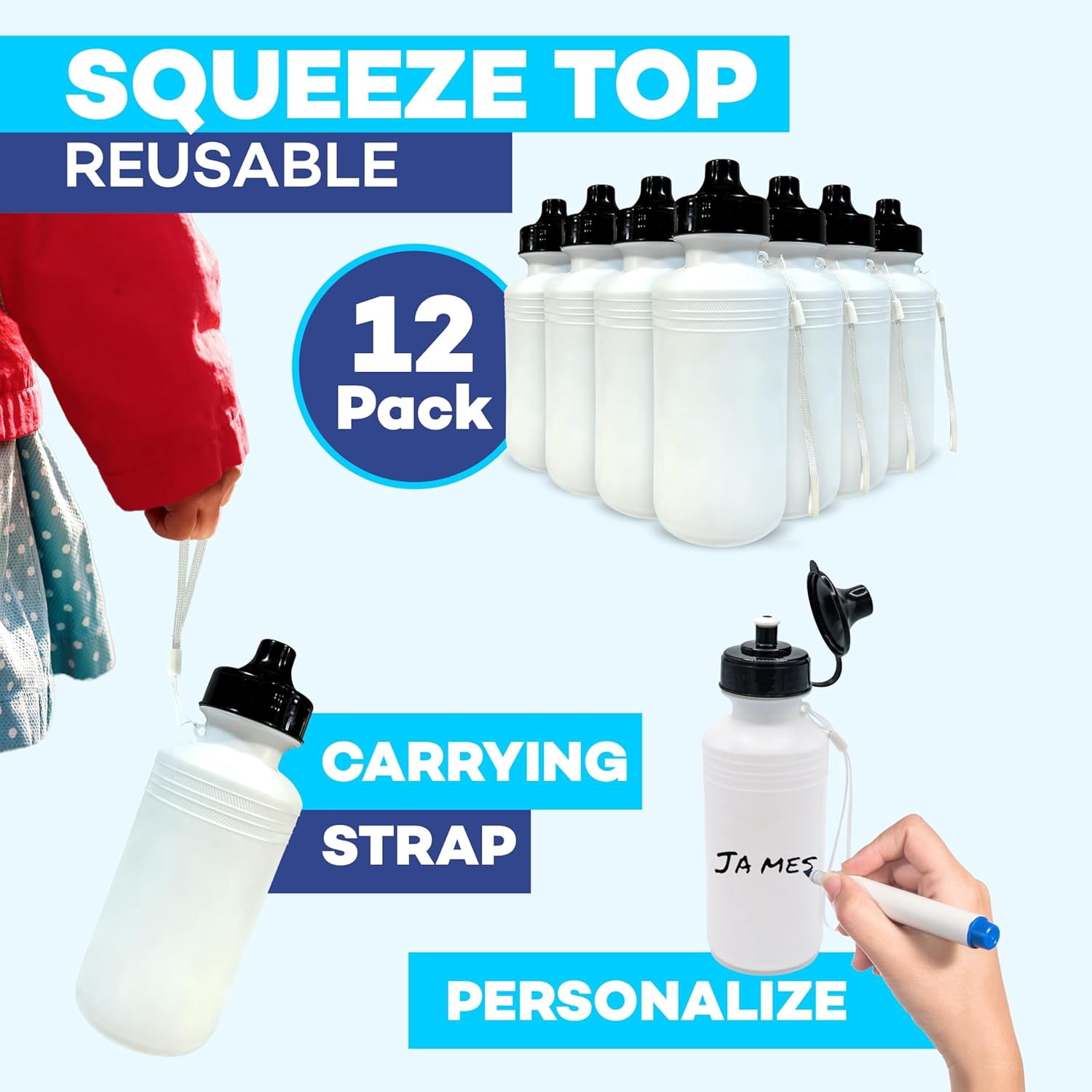 4E's Novelty 22 Pack Sports Water Bottles Bulk 18 oz BPA Free White Squeeze Bottles for Kids