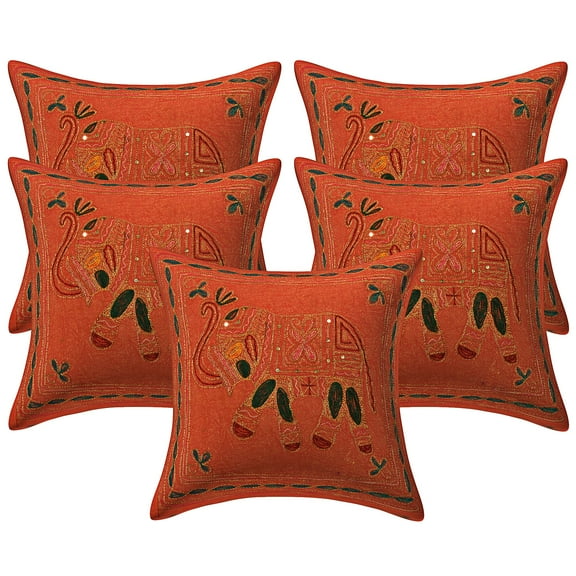 Stylo Culture Ethnic Decorative Throw Pillow Covers 16x16 Gold Thread Embroidered Orange Indian 40 x 40 cm Home Decor Cotton Elephant Square Cushion Covers | Set Of 5