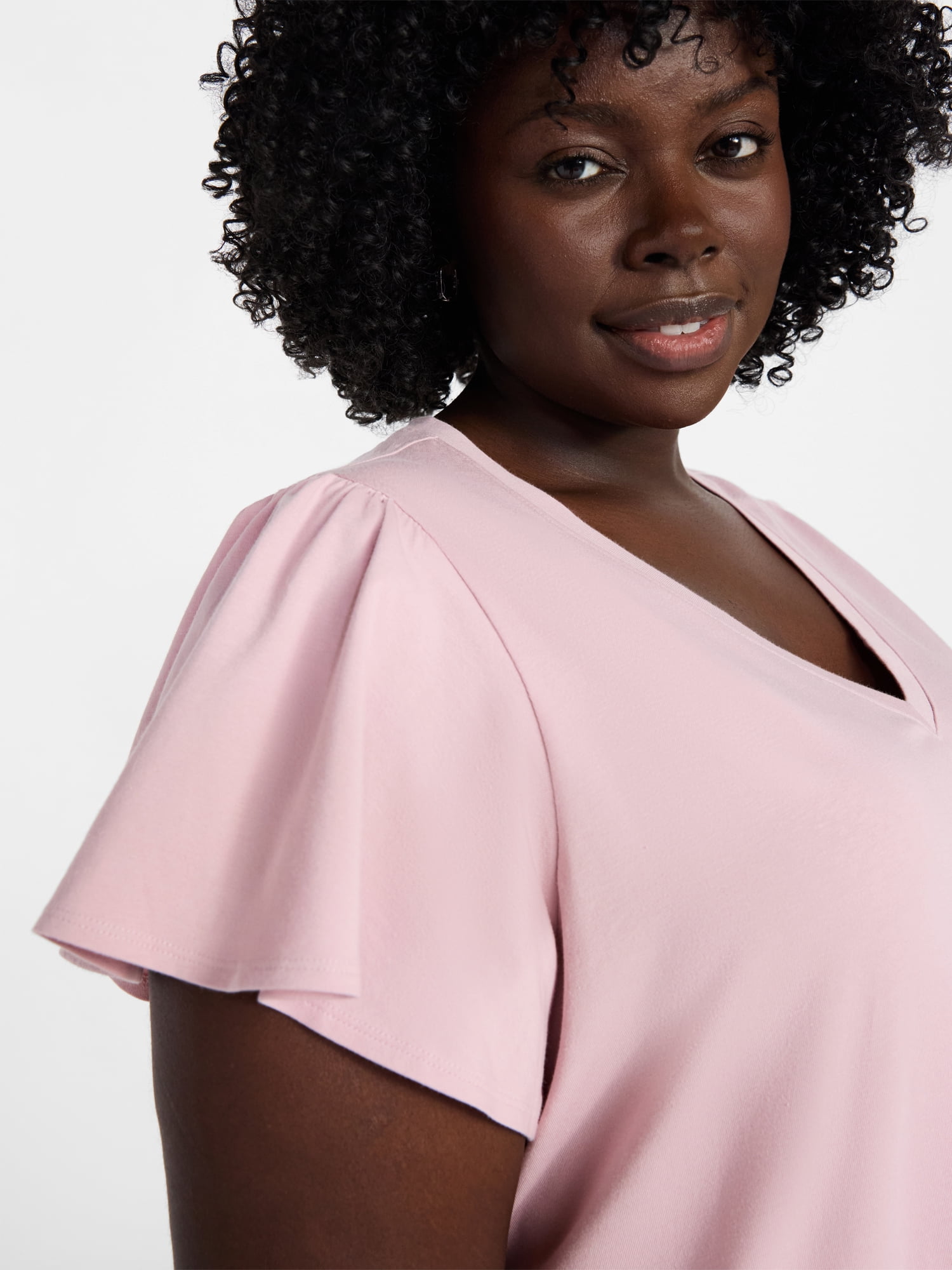 Terra & Sky Women's Plus Size V Neck Tee Dress with Flutter Sleeves, Size 0X-5X