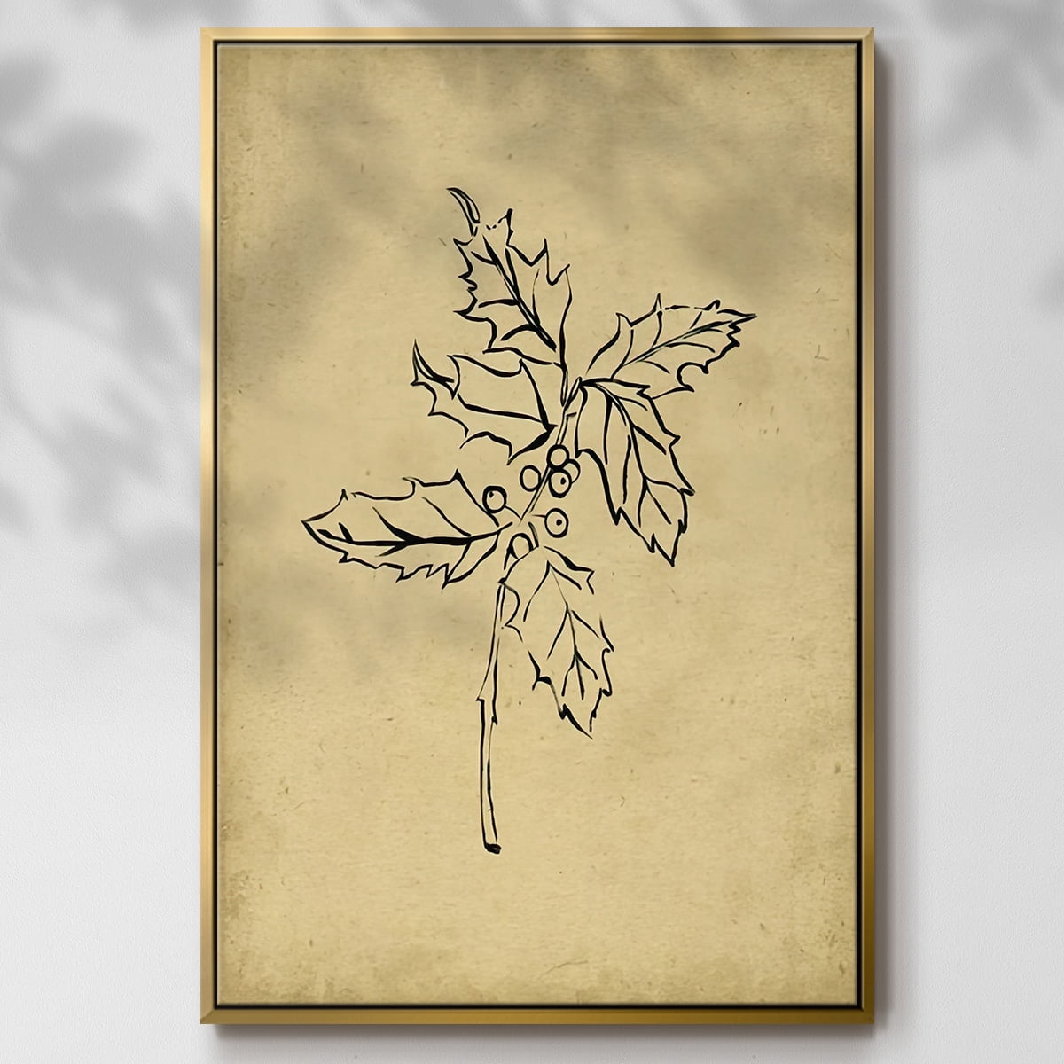 Holly Branch I - Framed Gallery Wrapped Holiday Canvas - 17 x 25 - Gold Frame