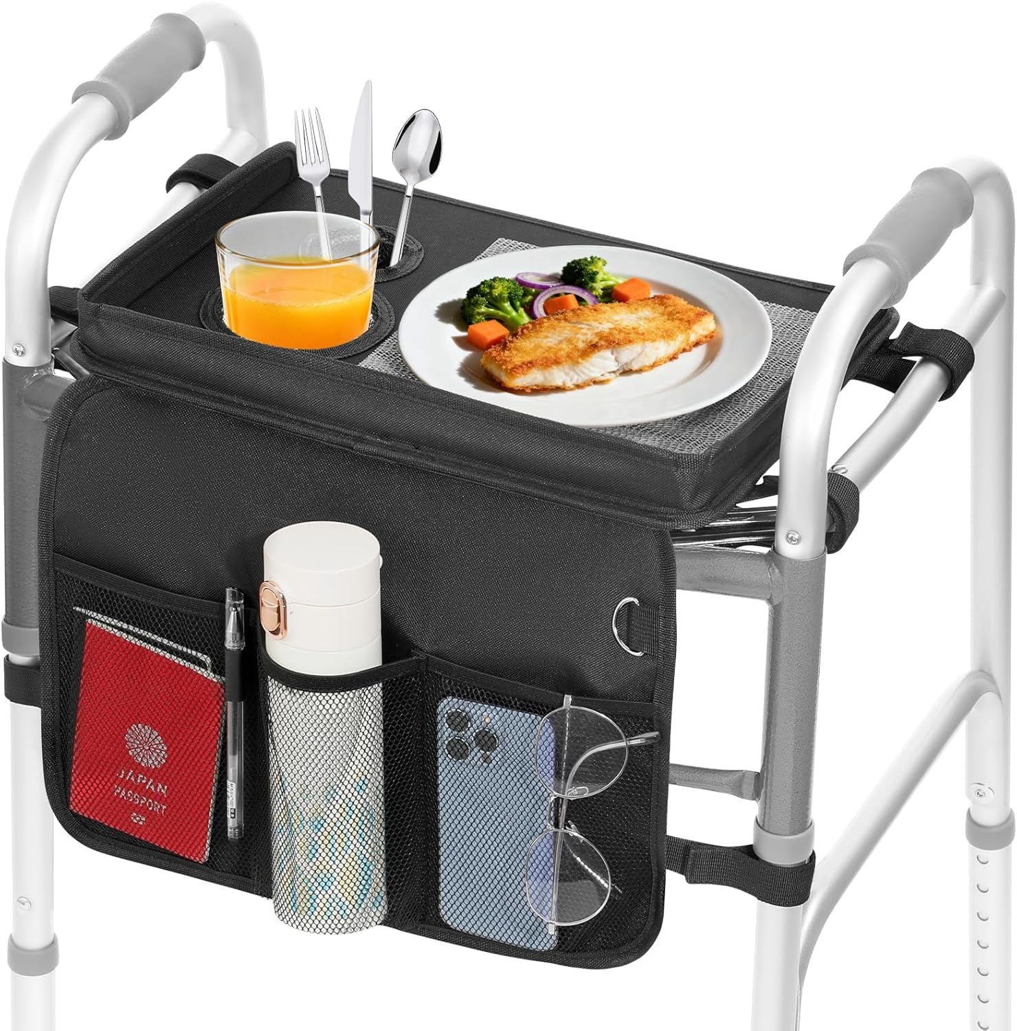 Rhino Valley Walker Tray for Folding Walker, Tray for Walkers with Non-Slip Mat for Food, 3 Front Pockets & 2 Cup Holders, Fits Most Standard Folding Walkers, Walker Accessories for Senior, Black