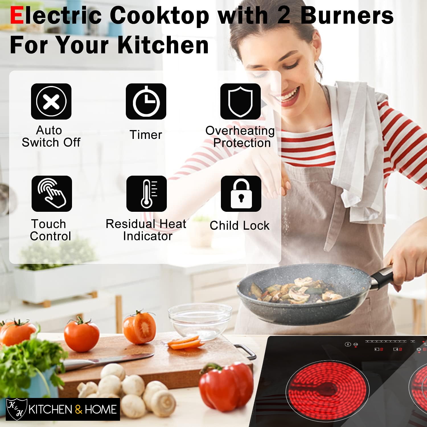 K&H German Designed 2 Burner Dual 24 Inch Built-in Electric Stove Top Radiant Ceramic Kitchen Cooktop Sensor Control 240V 3400W HCC-3402