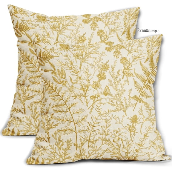 Ryan Yellow Floral Pillow Covers Set of 2, 18x18 in, Botanical Print Vintage Spring Flower Plant Cream Decorative Throw Pillow Cases Outdoor Farmhouse Cushion Covers Decor for Sofa Couch Bed
