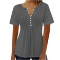 thumbnail image 2 of CLOISE Blouses for Women Dressy Casual Short Sleeve Tee Summer V Neck Loose Shirts Fashion Elegant Breathable Solid Tops Quick Drying Tunic with Buttons Pleated T Shirts Dark Gray L, 2 of 4