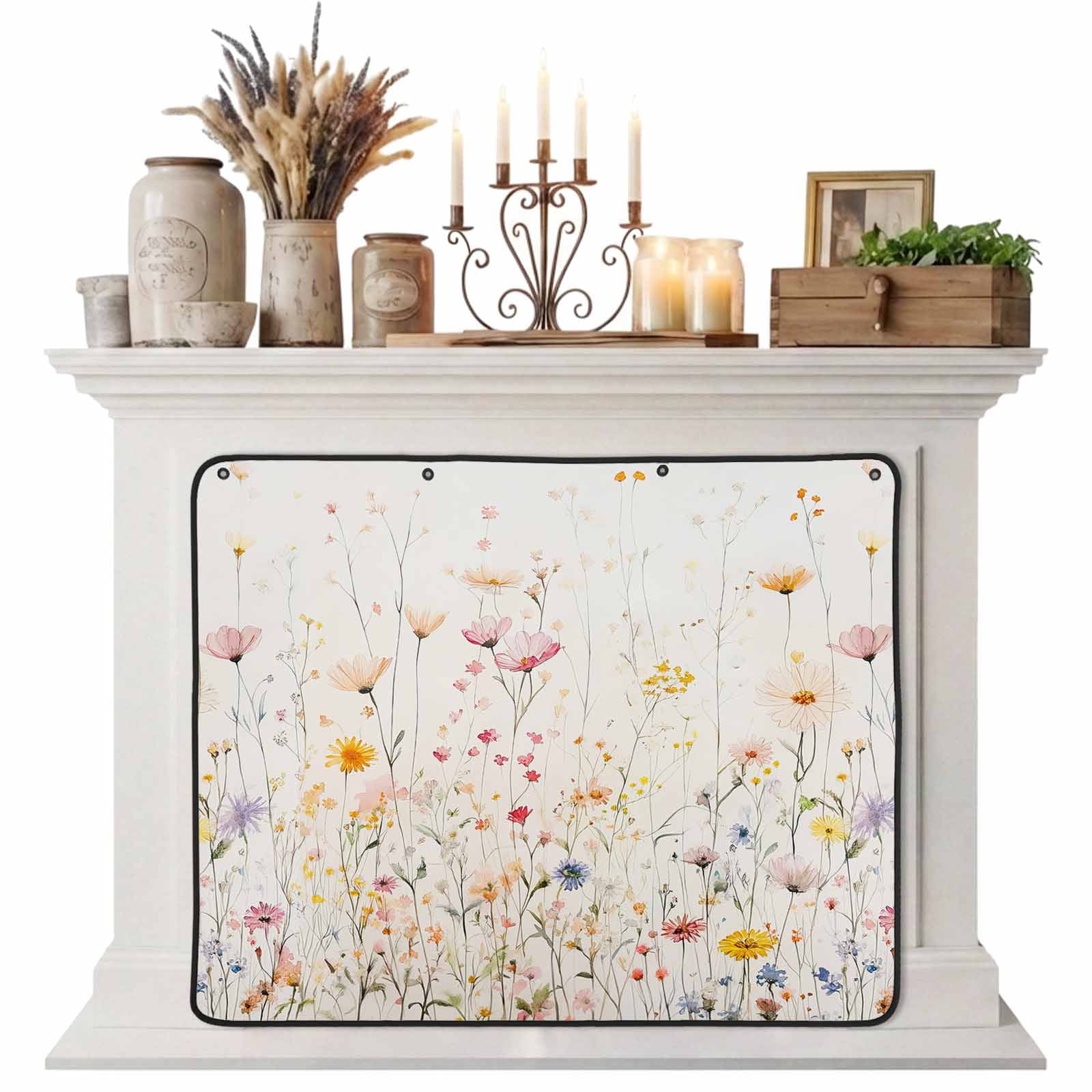 Spring Flowers Magnetic Fireplace Cover Fireplace Draft Blocker Watercolor Wildflowers Farmhouse Floral Fireplaces Blanket for Heat Loss/Cold Air Fireplaces Draft Stopper Cover for Inside 51 x39