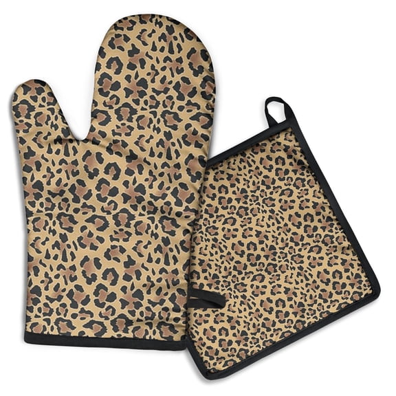 Brown and Black Leopard Print Kitchen Oven Mitt and Pot Holder Sets 2 Pcs for Baking, Cooking and Grilling, Heat Resistant Up To 392 °F