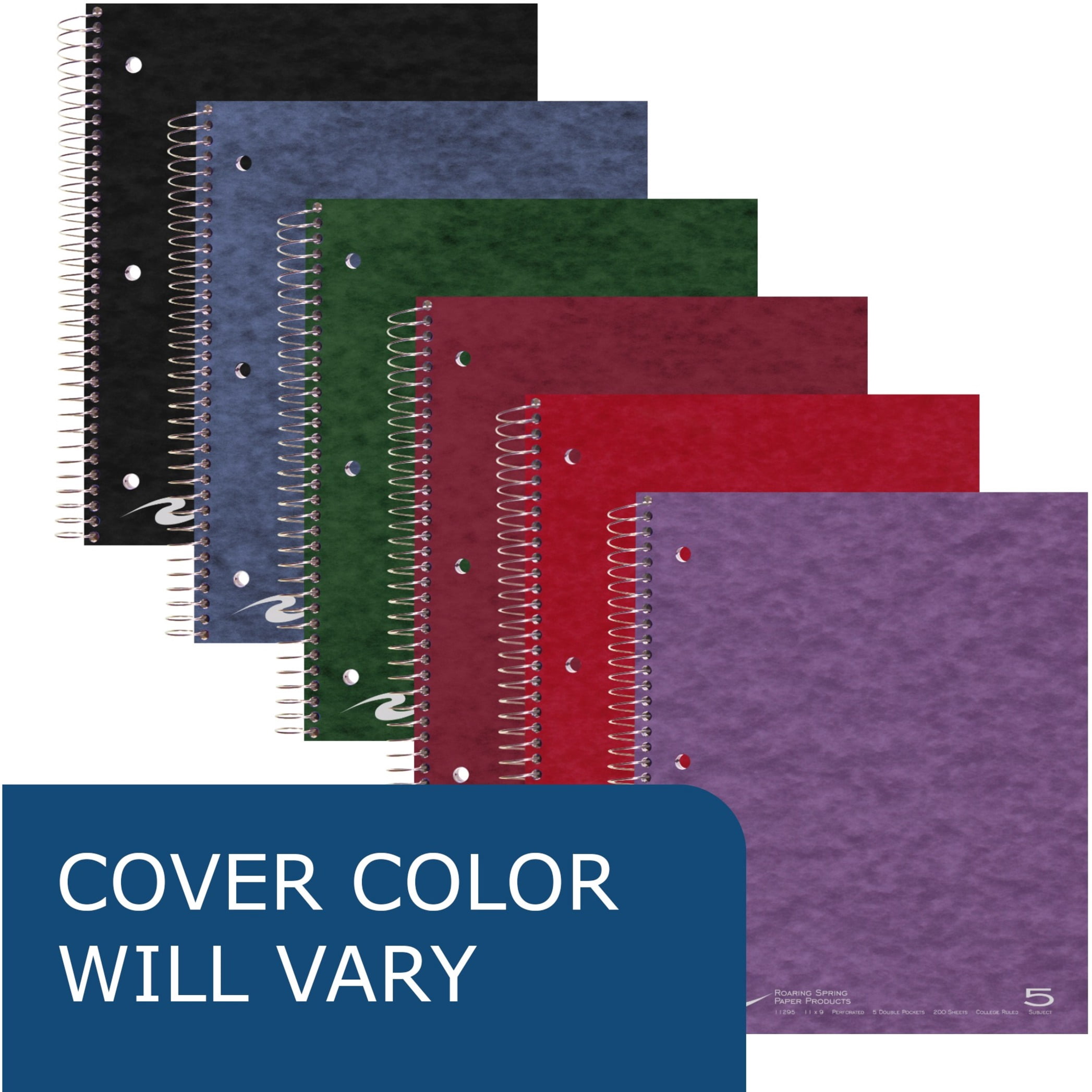 Roaring Spring College Ruled Four Subject Spiral Wirebound Notebook, 4 Double Pockets, 1 Case (12 Total), 11" x 9" 200 Sheets, Assorted Colors