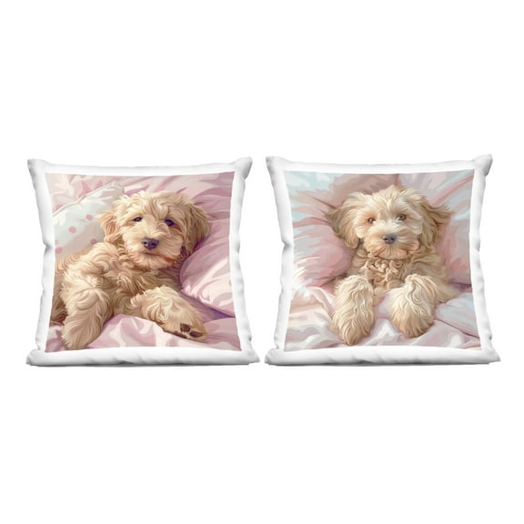 Stupell Industries Cuddling Labradoodle in Bed 18" x 18" Animals Print Polyester Decorative Pillow Set, Zip Closure 2 Count