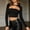 Black, variant on Women's Cut Out Bandage Crop Top Long Sleeve Hollow Chest Bandeau Ribbed Knit Slim Fit Clubwear Party Shirts Black L(L)