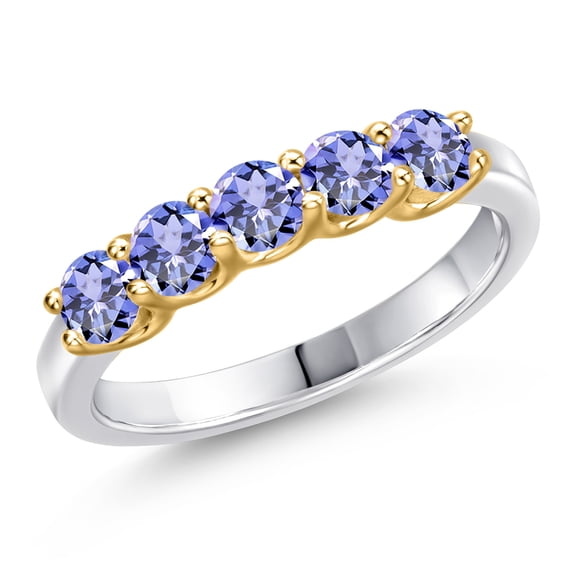 Gem Stone King 10K Two Tone Gold Blue Tanzanite Wedding-Bands Ring for Women | 0.90 Cttw | Round 3.5MM | Gemstone December Birthstone | Size 5