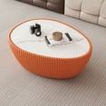 thumbnail image 3 of 32" Oval Coffee Table with Marble Top, Fluted PU Leather Center Table, Modern Minimalist Tea Table for Living Room, No Assembly, Orange, 3 of 6