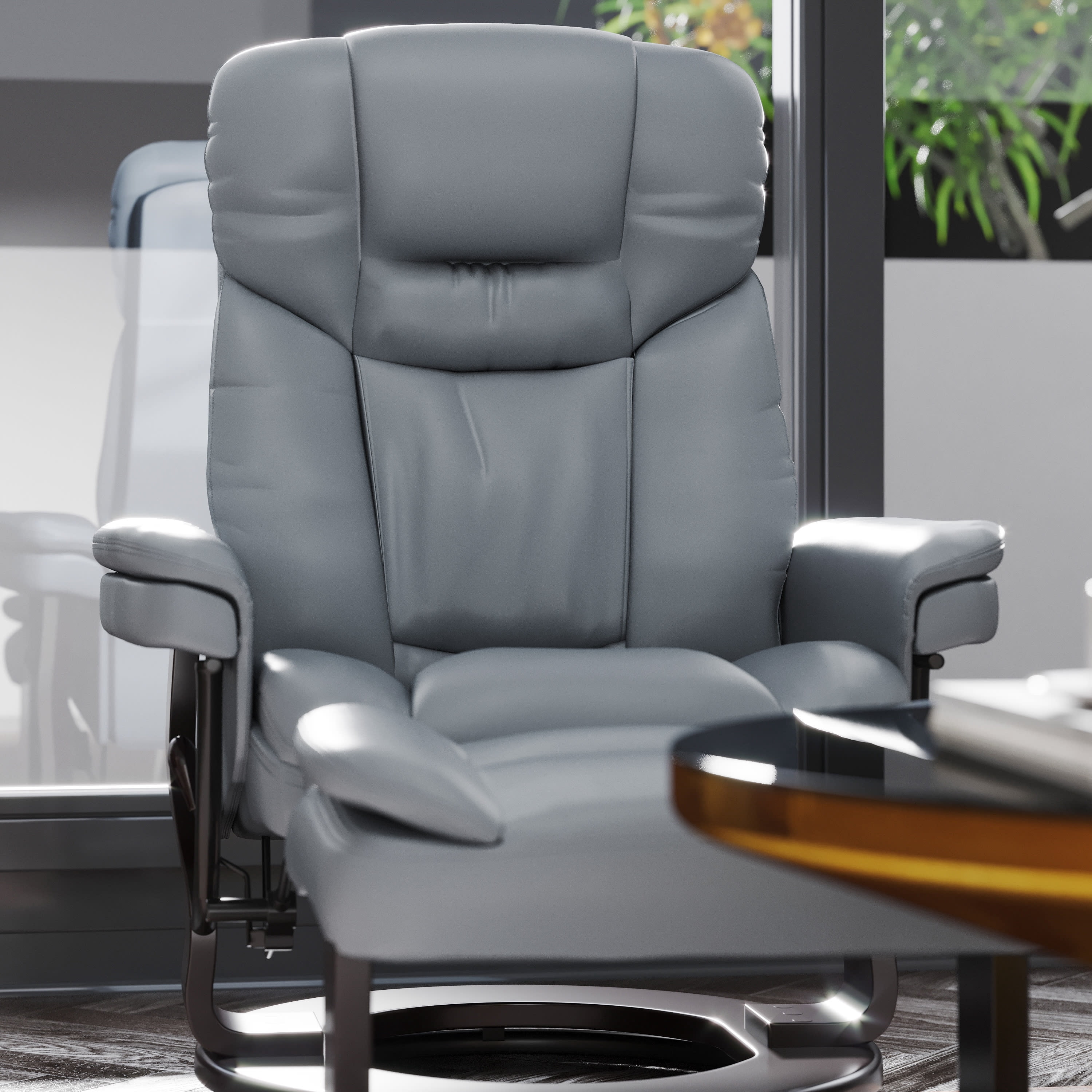 Emma + Oliver Recliner Chair with Ottoman | Gray Faux Leather Swivel Recliner Chair with Ottoman Footrest