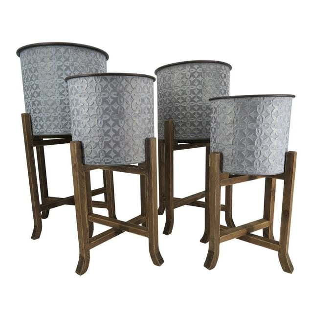 Set Of 4 Patterned Silver Pots On Wooden Stands Planters