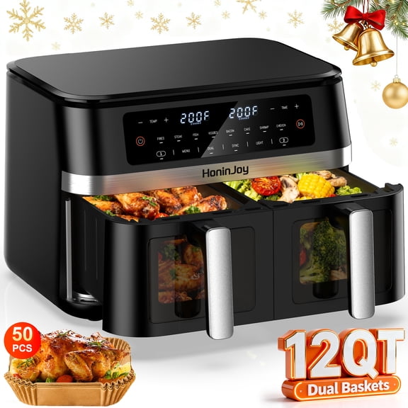 HoninJoy 12 QT Large Dual Basket Air Fryer, With Visible Cooking Window( 50PCS Air Fryer Liners Included)-New