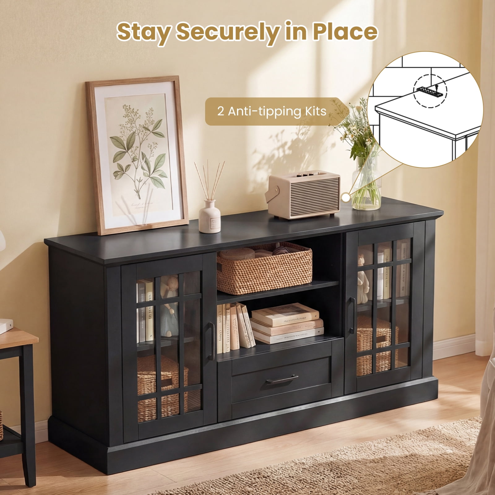 Gymax Farmhouse TV Stand for TVs up to 70'' Entertainment Media Center Storage Cabinet w/Glass Doors