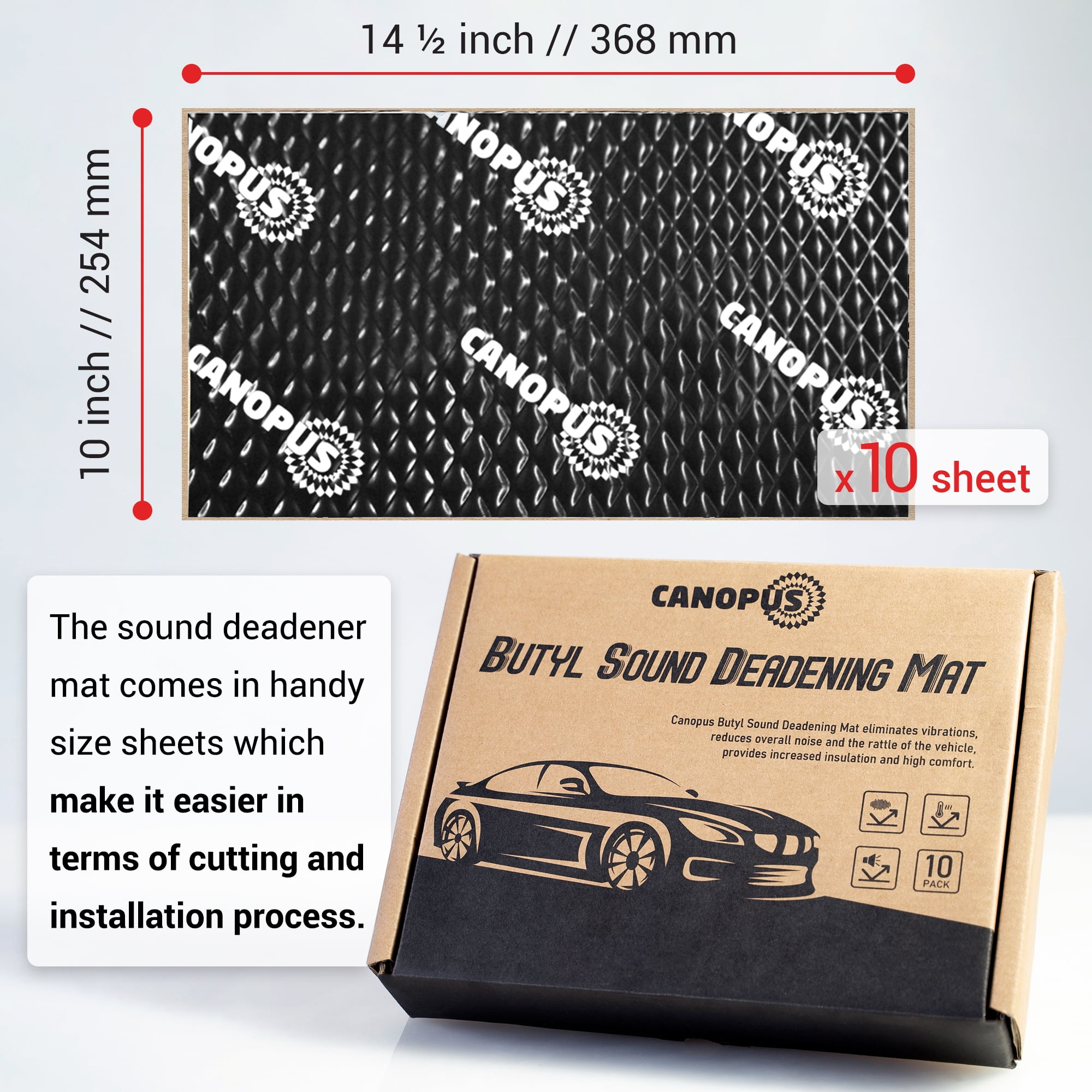 CANOPUS Car Sound Deadening Mat, 80 mil 10 sqft, Pack of 10 Sheets, Butyl Sound Deadener Mat, Audio Car Sound Dampening Material for Car Trunk, Door, Floor and Ceiling, Black