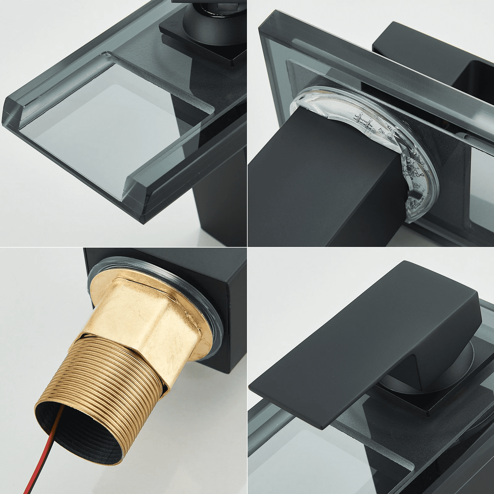 Zovajonia Bathroom Sink Faucet, Matte Black Waterfall Single Handle Vanity Faucets 1 Hole with Pop Up Drain and 2 Water Supply Lines, Open Glass Spout