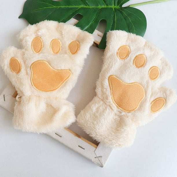 Guantes de garra de gato Guantes de invierno con dibujos de gatos para niñas Guantes de medio dedo con forma de pata de oso esponjosos y gruesos