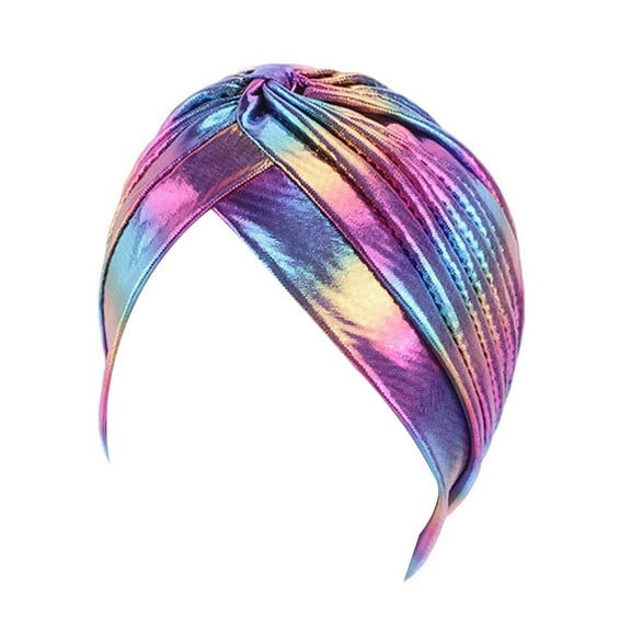 Aellinatey Women Rainbow Metallic Arab Turban Hat Twisted Front Pleated Headwrap Glitter Beanie Muslim Hijab Hair Loss Chemo Cap