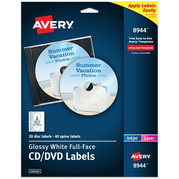 Avery Full-Face CD Labels, 20 CD Labels & 40 Spine Labels (8944)