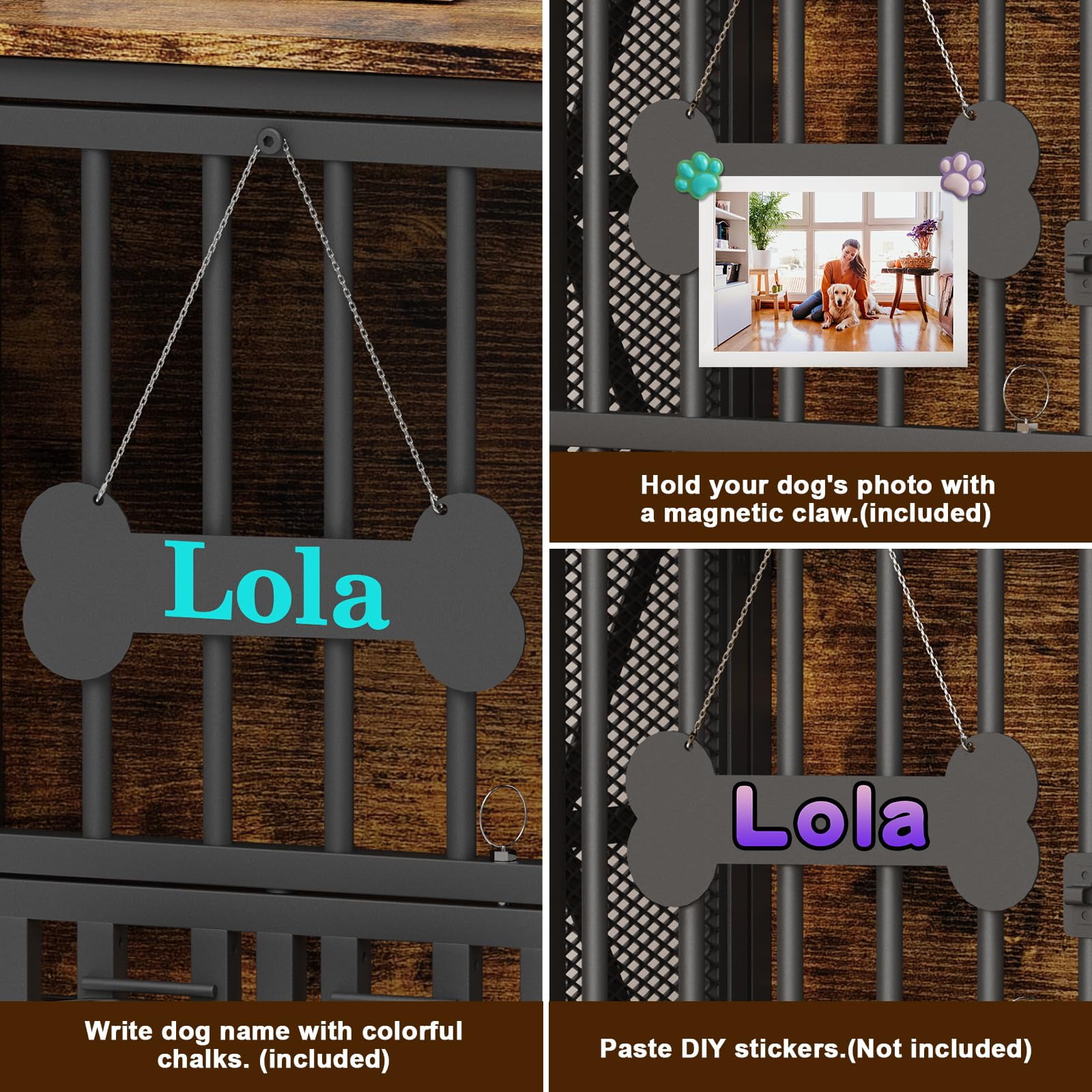 POAO 31.5" Assembly-Free Dog Crate Furniture for Small Dog, Foldable Dog Kennel Indoor with Tag & Adjustable Bowls, Dog Cage Use as End Table, Brown