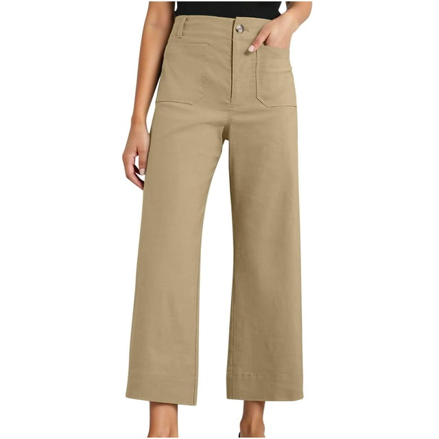 KIHOUT Womens High Waisted Cropped Wide Leg Stretchy Straight Pants Solid Color Button Trousers with Pockets