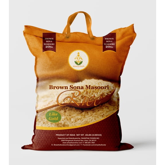 Shastha Foods Brown Sona Masoori Rice, 20 lbs (pack of 1), Gluten-Free Whole Grain