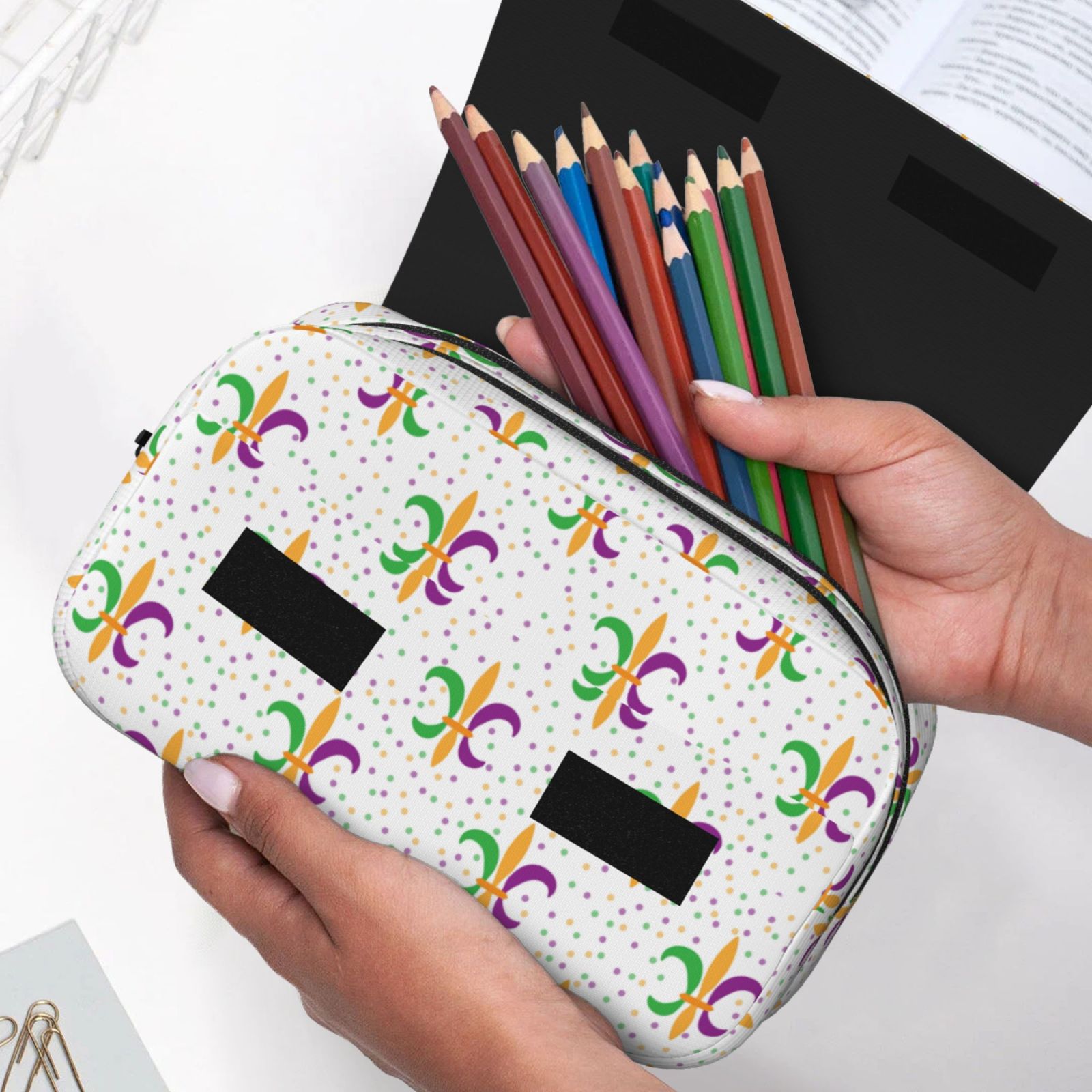 Rateoe Mardi Gras Carnival1 Pattern Double Clamshell Pen Case, Storage Organizer with Two Zipper Compartments– Holds Up to 50 Pencils & Pens
