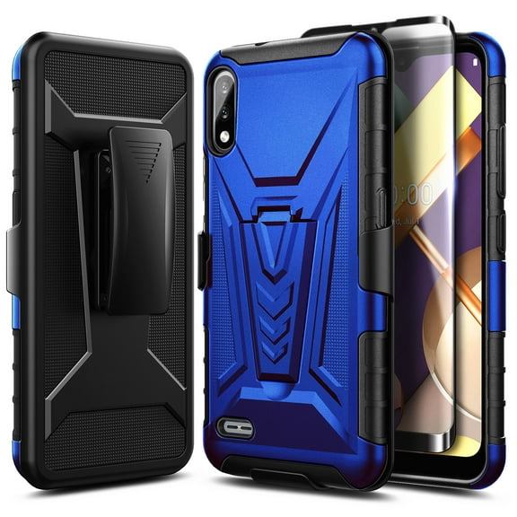 Nagebee Case for LG K22, LG K22 Plus, LG K32 with Tempered Glass Screen Protector (Full Coverage), Belt Clip Holster with Built-in Kickstand, Heavy Duty Protective Shockproof Armor Case (Blue)