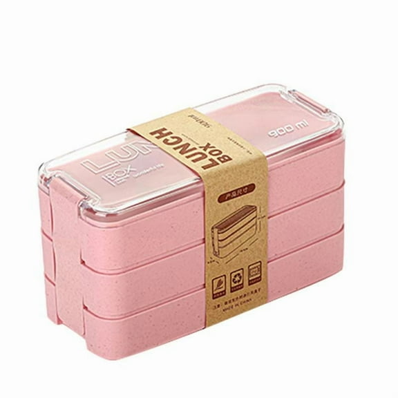 Adults Lunch Box, Stackable Bento Box, 3-In-1 Compartment - Wheat Straw, Leakproof Bento Lunch Box Meal Prep Containers（ Pink)