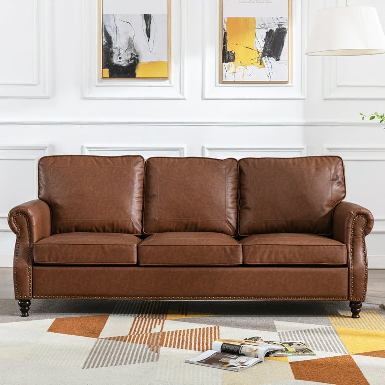 Dreamsir 80" Faux Leather Sofa Couch - 3-Seater with Nailhead Trim, Rolled Arms, and Easy Assembly (Chocolate Brown) - Walmart.com