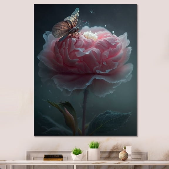 DESIGN ART Designart "Pink Flower Blooming Butterflies" Floral Canvas Prints 34 in. wide x 44 in. high