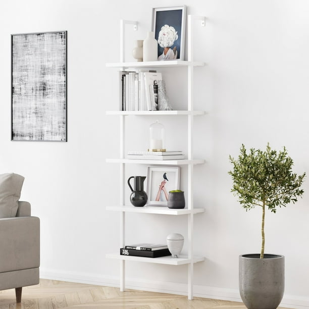 Nathan James Theo Industrial 5 Shelf, White Wood 4 Shelf Ladder Bookcase With Open Back Doors