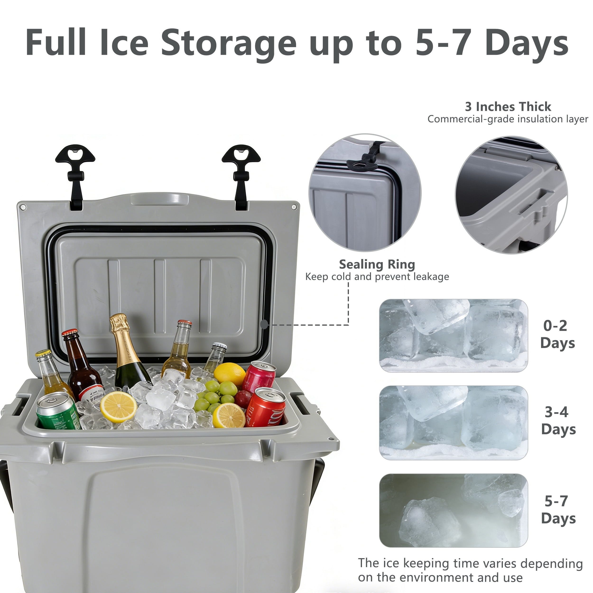 25QT Portable Cooler, Insulated Hard Ice Chest, 5-7 Day Ice Retention, Bottle Opener & Cup Holder for Beach Camping Fishing – Gray