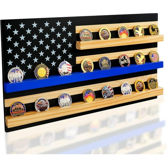Solid Wood American Flag Challenge Coin Holder Wall Display Case, 3-Row Thin Blue Line Rack for 30 Military Coins