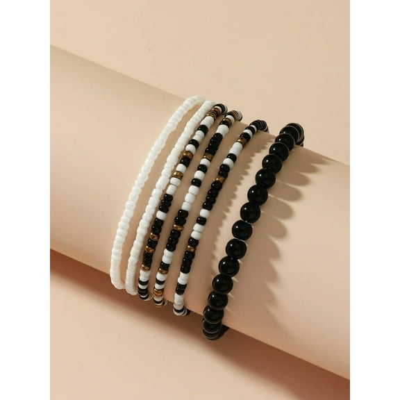 EOEMY 6Pcs Black And White Beaded Bracelet For Women Crafted Jewelry Stackable-Default