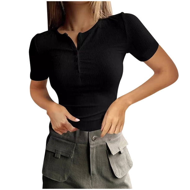 Karight Women's Summer Tops Short Sleeve Shirts Ribbed Knit Henley Button Up T Shirts Slim Fit Casual Basic Tee