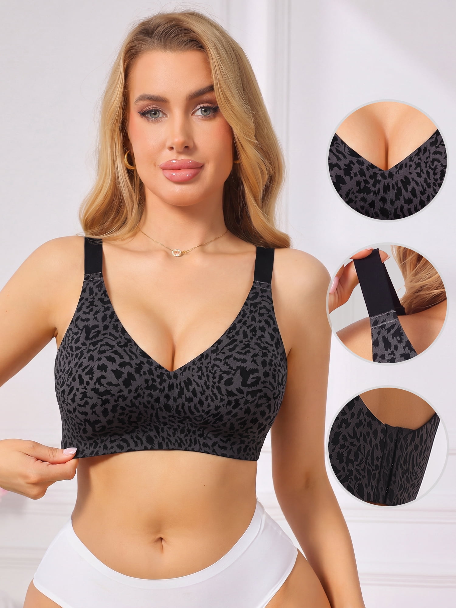 DARING DIVA Women's Leopard Wireless Seamless Fixed Padding Bralette Bra 4XL Black