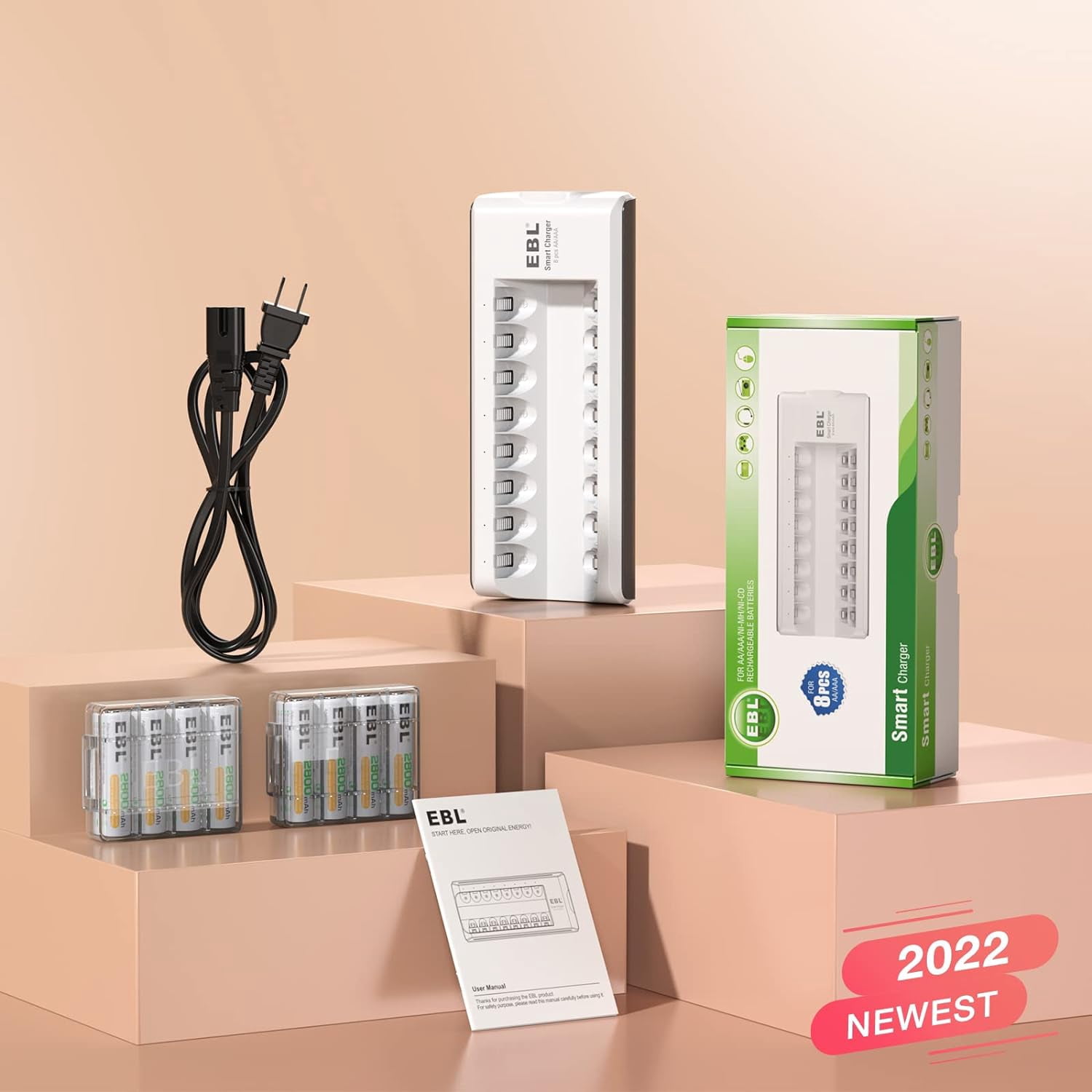 EBL 2800mAh Ni-MH AA Rechargeable Batteries 1.2V (8 Pack) and Rechargeable AA AAA Battery Charger