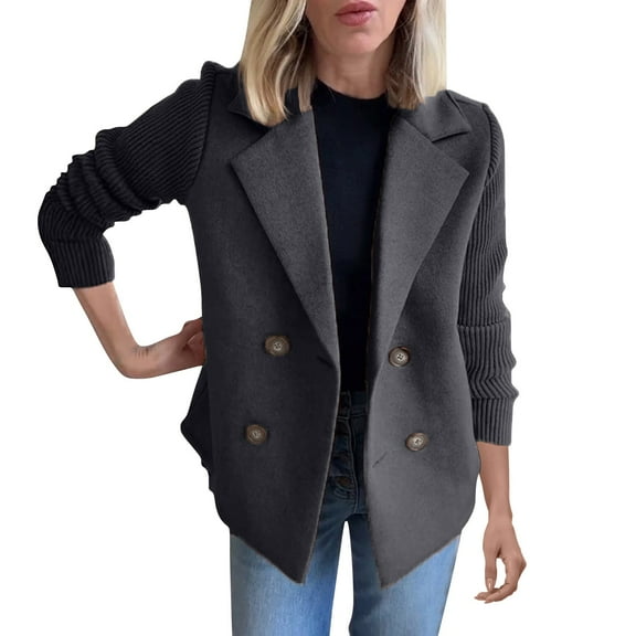 Clearance! Ogiraw Blazers For Women Business Casual Women's Lapel Button Knitted Patchwork Sleeve Casual Coat Cropped Double Breasted Suit Sweater For Women Women'S Blazers & Suit Jackets Black