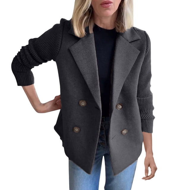 Ploknplq Blazer Dress for Women,Suit Jackets for Women,Office Jackets for Women,Button Knitted Patchwork Sleeve Breasted Suit Sweater,Womens Tweed Blazer,Long Blazers for Women Trendy Black S