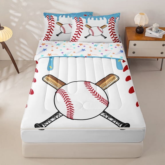 Homewish Baseball Sport Zipper Twin Comforter Sets with Fitted Sheet and 2 Pillowcases,Blue Ice Cream Drip Zipper Bedding Set For Boys Kids,Reversible,4 Pieces