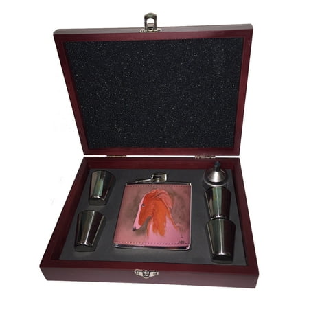 S701 Silken Rose - KuzmarK Pink Leather Flask Set in Rose Wood Gift Box - Silken Windhound Sighthound Dog Art by Denise Every