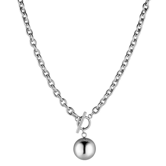 HZMAN Women Stainless Steel Multilayer Necklace Heart Pendant Dog Tag Pendant Chunky Cuban Chain Link Toggle Clasp Necklace (Ball)