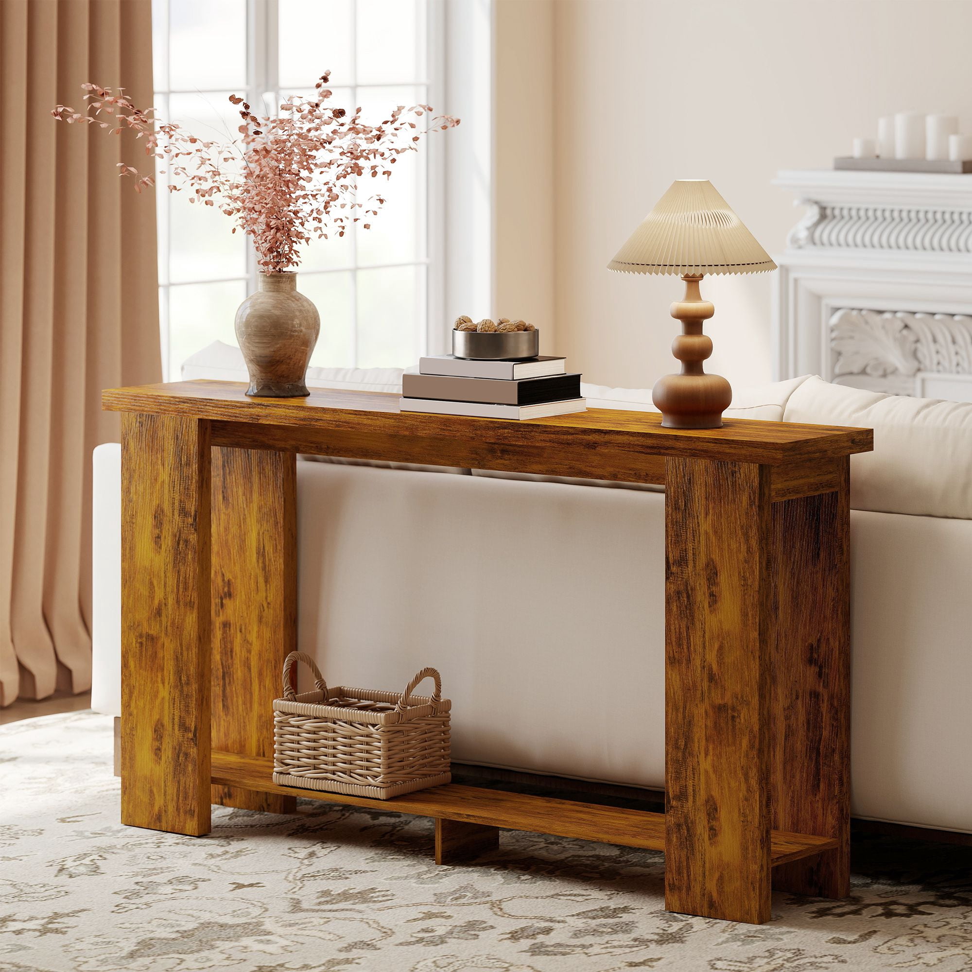 63 Inch Farmhouse Console Table Narrow Sofa Table, Rustic Wood Grain Entryway Table with Lower Storage Shelf, Thick Tabletop Supports 77lbs for Hallway Living Room