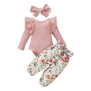 Odeerbi Baby Girls Clothes Infant Ruffle Long Sleeve Floral Print Bodysuit 3PCS Baby Layette Set